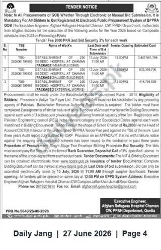 Newspaper clipping: Tender Notice — Establishment of 250-Bedded Afghan Refugees Hospital Chaman (Bids due 2026-07-13), Jang, 27 Jun 2026
