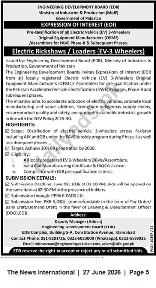 Newspaper clipping: EDB Expression of Interest: Pre-Qualification for Electric Rickshaws / Loaders (EV-3 Wheelers), The News International, 27 Jun 2026