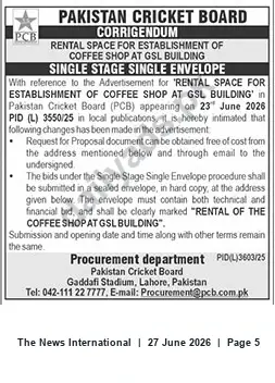 Newspaper clipping: PCB Corrigendum: Rental of Coffee Shop Space at GSL Building, Lahore, The News International, 27 Jun 2026