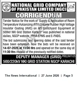 Newspaper clipping: NGCP Corrigendum: RTV Silicone HV Insulator Coating Tender – Bid Dates Extended, The News International, 27 Jun 2026