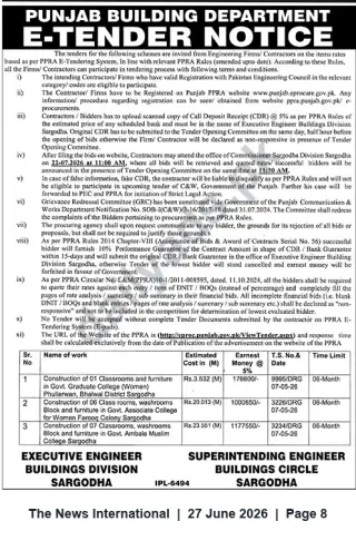 Newspaper clipping: Punjab Building Department E-Tender — Construction of Classrooms & Furniture in Sargodha (3 Packages), The News International, 27 Jun 2026