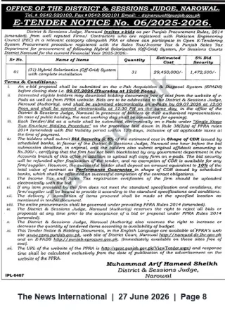 Newspaper clipping: E-Tender: 31 Off-Grid Hybrid Solarization Systems — District & Sessions Judge, Narowal, The News International, 27 Jun 2026