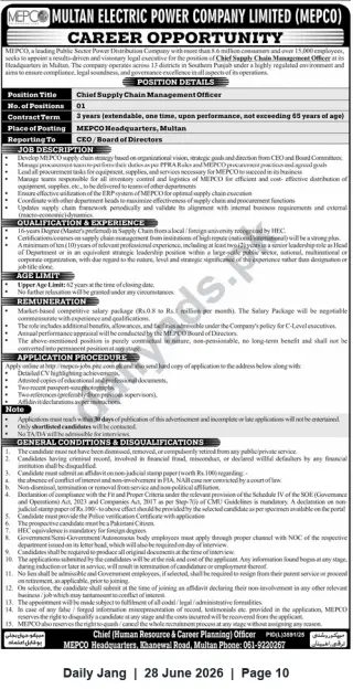Newspaper clipping: MEPCO Career Opportunity — Chief Supply Chain Management Officer (Headquarters Multan), Jang, 28 Jun 2026
