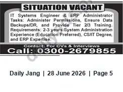 Newspaper clipping: IT Systems Engineer & ERP Administrator — 2–3 Years System Administration, Jang, 28 Jun 2026