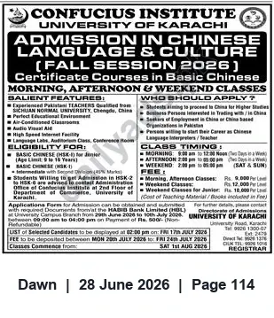 Newspaper clipping: Confucius Institute, University of Karachi — Certificate Courses in Basic Chinese (Fall 2026), Dawn, 28 Jun 2026