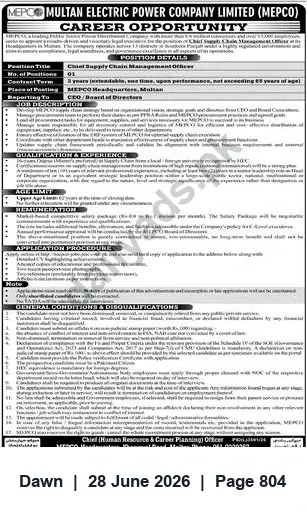 Newspaper clipping: MEPCO Chief Supply Chain Management Officer (3-year Contract) — Multan, Dawn, 28 Jun 2026