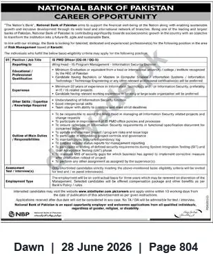 Newspaper clipping: National Bank of Pakistan — Career Opportunity (PMMO/IS Office), Dawn, 28 Jun 2026