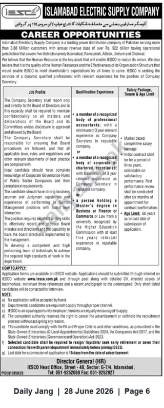 Newspaper clipping: IESCO (Islamabad Electric Supply Company) Hiring Company Secretary — Contract Position in Islamabad, Jang, 28 Jun 2026