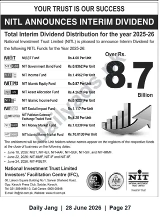 Newspaper clipping: NITL Announces Interim Dividend 2025-26 — Over Rs. 8.7 Billion Distributed Across NIT Funds, Jang, 28 Jun 2026