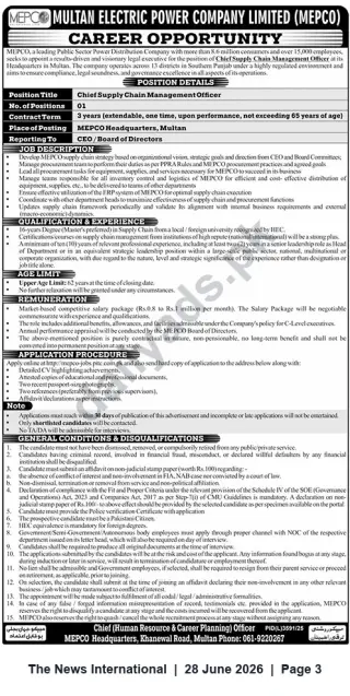 Newspaper clipping: MEPCO Vacancy: Chief Supply Chain Management Officer — MEPCO Headquarters, Multan, The News International, 28 Jun 2026