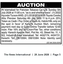 Newspaper clipping: Public Vehicle Auction in Islamabad — Pakistan Tobacco Co. Ltd. (5 July 2026), The News International, 28 Jun 2026