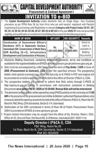 Newspaper clipping: CDA e-Bid: Construction of Government Officers' Residences, Diplomatic Enclave Islamabad (G+5), The News International, 28 Jun 2026