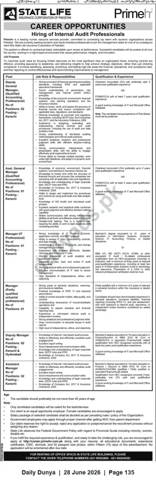 Newspaper clipping: State Life / Primehr Hiring Internal Audit Professionals — Multiple Audit & IT Roles in Karachi and Hyderabad, Dunya, 28 Jun 2026