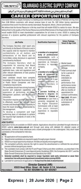 Newspaper clipping: IESCO Career Opportunity — Company Secretary (Islamabad Electric Supply Company), Express, 28 Jun 2026