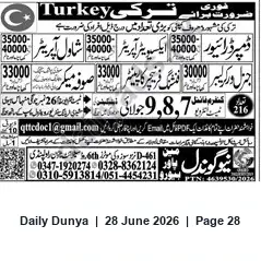 Newspaper clipping: Workers Required for Turkey — Recruitment Notice, Dunya, 28 Jun 2026