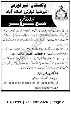 Newspaper clipping: Pakistan Air Force (Air Headquarters Islamabad) Invites Offers for Hajj Services, Express, 28 Jun 2026