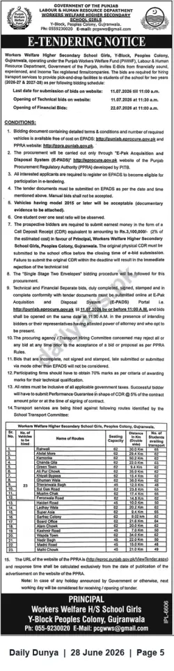 Newspaper clipping: E-Tender: Transport Services for Workers Welfare Higher Secondary School Girls, Peoples Colony, Gujranwala (2026-28), Dunya, 28 Jun 2026
