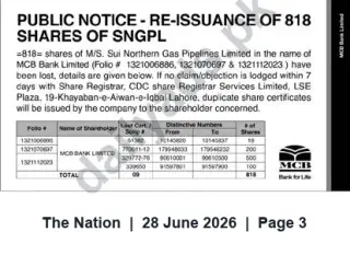 Newspaper clipping: Public Notice: Re-issuance of 818 SNGPL Shares (MCB Bank Limited), The Nation, 28 Jun 2026