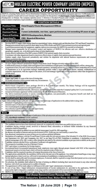 Newspaper clipping: MEPCO Careers — Chief Supply Chain Management Officer (MEPCO Headquarters, Multan), The Nation, 28 Jun 2026