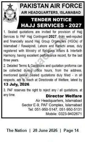 Newspaper clipping: Pakistan Air Force Tender: Provision of Hajj Services for PAF Haj Contingent-2027, The Nation, 28 Jun 2026