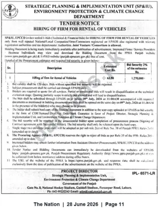 Newspaper clipping: Tender: Hiring of Firm for Rental of Vehicles — SP&IU, Environment Protection & Climate Change Department (Punjab), The Nation, 28 Jun 2026