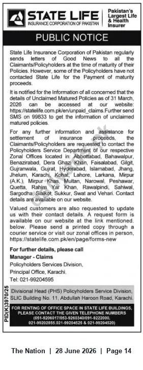 Newspaper clipping: State Life Public Notice — Check Unclaimed Matured Policies & Update Contact Details, The Nation, 28 Jun 2026