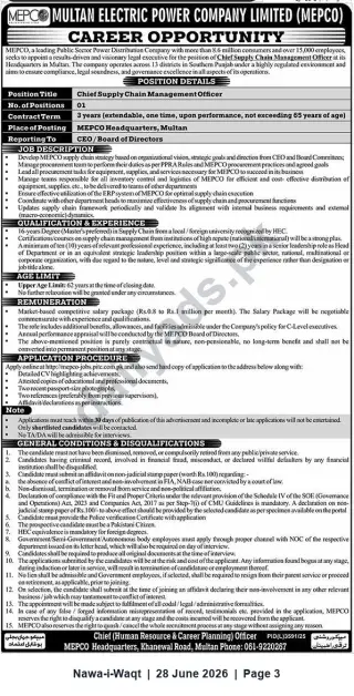 Newspaper clipping: MEPCO Career Opportunity — Chief Supply Chain Management Officer (Multan), Nawa-i-Waqt, 28 Jun 2026