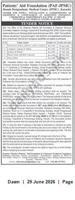 Newspaper clipping: Tender Notice — Patients' Aid Foundation (PAF-JPMC), Jinnah Postgraduate Medical Centre, Karachi, Dawn, 29 Jun 2026