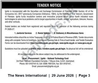 Newspaper clipping: Tender Notice — Janitorial, Rental Vehicles & Stationery for FY 2026-27 — Ignite (National Technology Fund), Islamabad, The News International, 29 Jun 2026