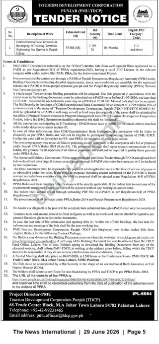 Newspaper clipping: TDCP Tender – Establishment and Revamping of Sightseeing Bus Terminals in Lahore, The News International, 29 Jun 2026