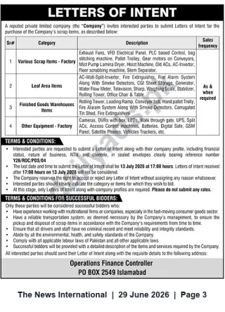 Newspaper clipping: Private Company Invites Letters of Intent to Purchase Factory Scrap — Submit by 2026-07-13, The News International, 29 Jun 2026