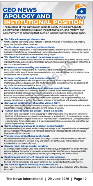 Newspaper clipping: Geo News — Official Apology and Institutional Position, The News International, 29 Jun 2026