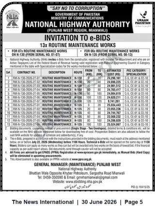 Newspaper clipping: NHA Punjab West (Mianwali) Invitation to e-Bids — 13 Routine Maintenance Works on N-130 & N-135, The News International, 30 Jun 2026