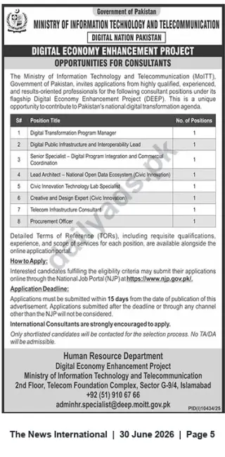 Newspaper clipping: Ministry of IT & Telecom — Digital Economy Enhancement Project: Consultant Vacancies (Islamabad), The News International, 30 Jun 2026
