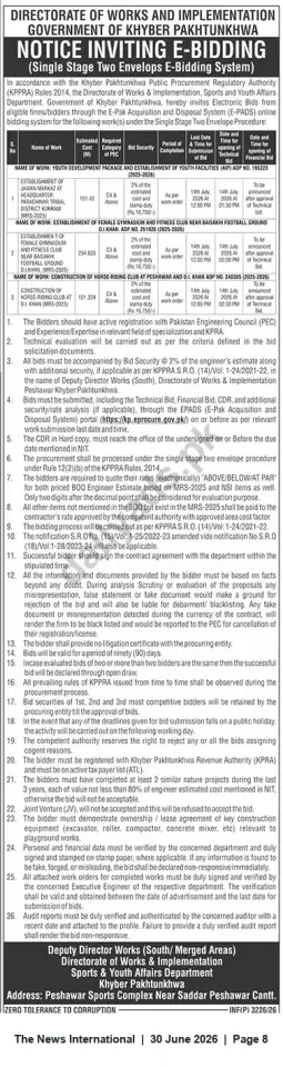 Newspaper clipping: KP Directorate of Works & Implementation — E-Bidding Notice for Youth Development & Sports Facilities (Peshawar & D.I. Khan), The News International, 30 Jun 2026