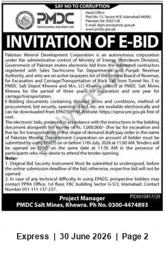 Newspaper clipping: PMDC E-Bid: Excavation and Carriage/Transportation of Rock Salt at Khewra Salt Mines, Express, 30 Jun 2026