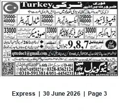 Newspaper clipping: Recruitment for Turkey — Salary PKR 33,000–40,000, Express, 30 Jun 2026