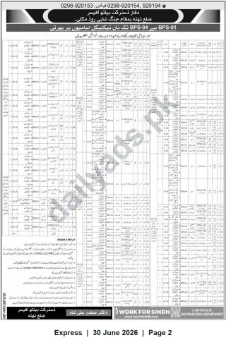 Newspaper clipping: District Health Officer Thatta – Recruitment for Non-Technical Posts (BPS-01 to BPS-04), Express, 30 Jun 2026