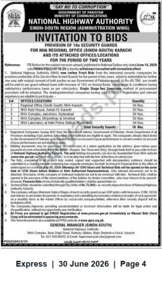 Newspaper clipping: NHA Sindh-South Invitation to Bid — Provision of 16 Security Guards for Two Years, Express, 30 Jun 2026