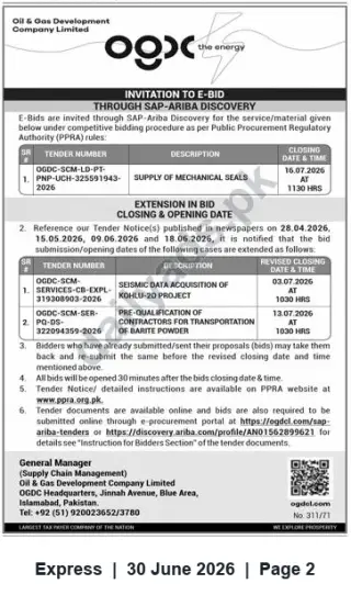 Newspaper clipping: OGDCL Invitation to E-Bid — Supply of Mechanical Seals & Tender Extensions (July 2026), Express, 30 Jun 2026