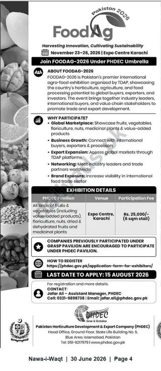 Newspaper clipping: FOODAG-2026 — Exhibit Under PHDEC Pavilion at Expo Centre Karachi (Nov 23–26, 2026), Nawa-i-Waqt, 30 Jun 2026