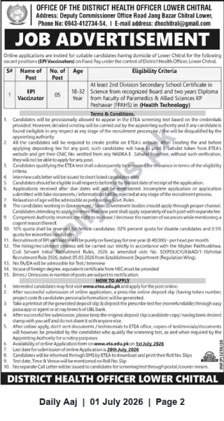 Newspaper clipping: EPI Vaccinators (5 Posts) — District Health Officer, Lower Chitral (Apply via ETEA), Daily Aaj, 01 Jul 2026