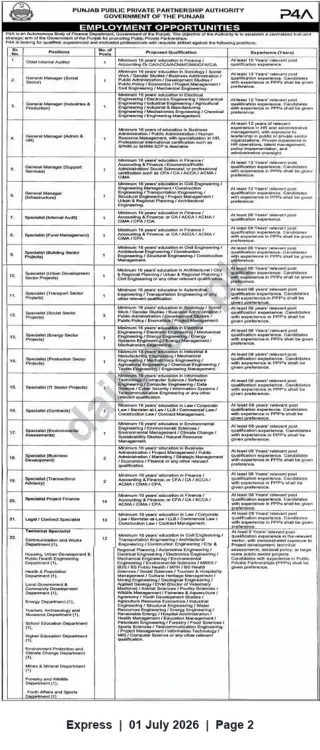 Newspaper clipping: Punjab Public Private Partnership Authority (P4A) — Multiple Senior & Specialist Vacancies, Express, 01 Jul 2026