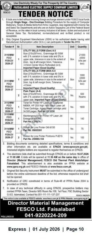 Newspaper clipping: FESCO Tender: Supply of Computer Stationery, Toners & Printer Consumables (Closing 2026-07-16), Express, 01 Jul 2026