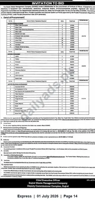 Newspaper clipping: Invitation to Bid — Furniture, IT Equipment & Machinery (Gujrat Waste Management Company), Express, 01 Jul 2026