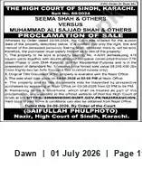 Newspaper clipping: Proclamation of Sale — High Court of Sindh (Seema Shah v. Muhammad Ali Sajjad Shah), Dawn, 01 Jul 2026