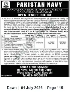 Newspaper clipping: Pakistan Navy Open Tender for Annual Supply of Dressed Mutton & Beef (Karachi & Islamabad), Dawn, 01 Jul 2026