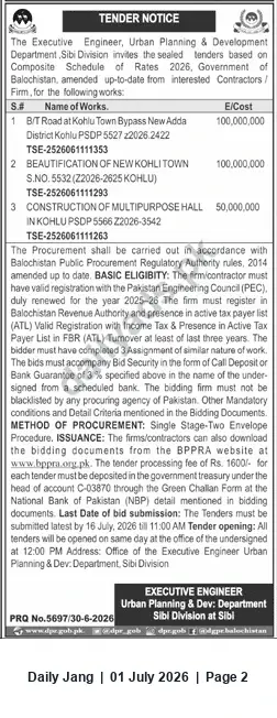 Newspaper clipping: Tender: Road, Beautification & Multipurpose Hall Works in Kohlu (Balochistan) – Submit by 2026-06-23, Jang, 01 Jul 2026