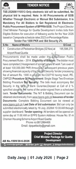 Newspaper clipping: Tender: Construction of 2 Pedestrian Bridges on Airport Road, Quetta, Jang, 01 Jul 2026