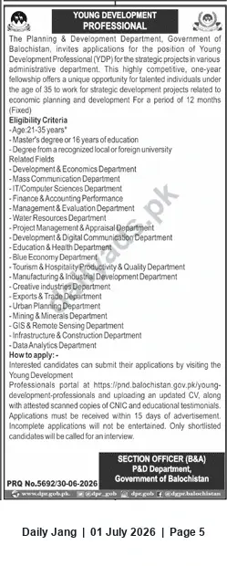 Newspaper clipping: Young Development Professional (YDP) Fellowship — Planning & Development Department, Government of Balochistan, Jang, 01 Jul 2026